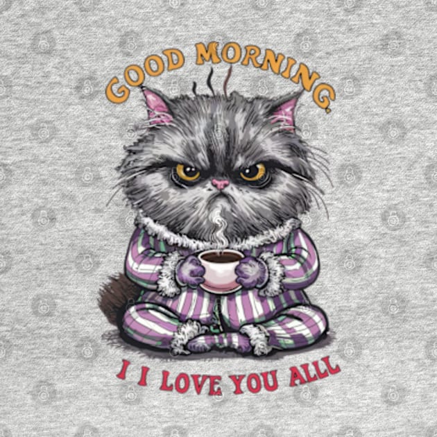 Print design of a cute Persian cat, wearing cozy pajamas and holding a steaming cup of coffee.2 by YolandaRoberts